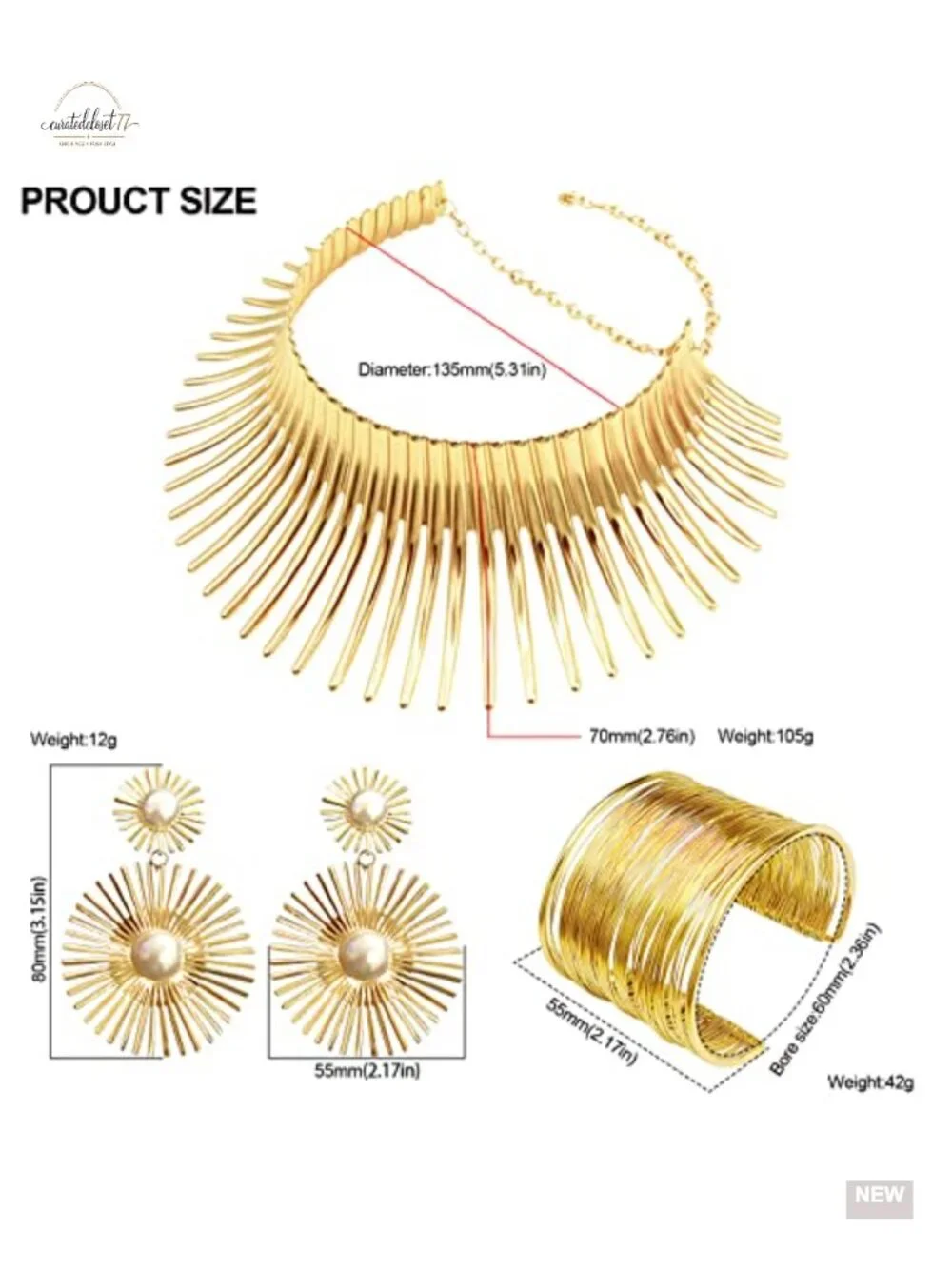 Gold Plated Bib Choker Necklace Cuff Bracelet Geometric Earrings Set Punk